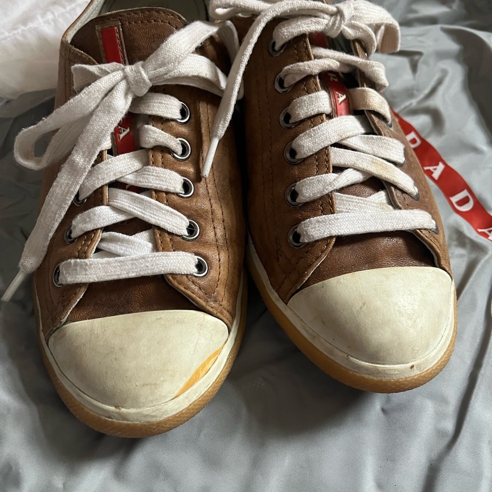 Prada Brown Leather Slip-On Sneakers with White Insoles - Picture 4 of 8